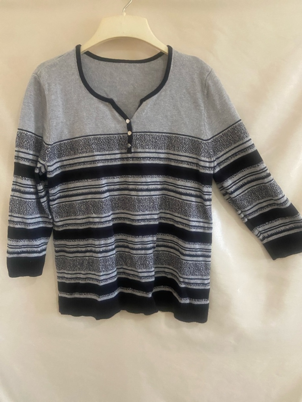 Liz Claiborne Gray and Black Striped Henley Sweater